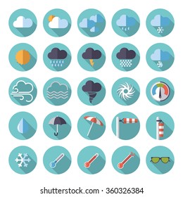 Flat design long shadow weather vector round icon set. Collection of 25 meteorology and climate related symbols in circles