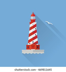 Flat design long shadow White Shoal lighthouse icon on blue background