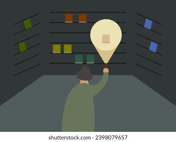 diseño plano buscando libros en la ilustración vectorial de biblioteca