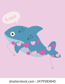 Flat Design Love Illustration With Dolphin and Love Decoration