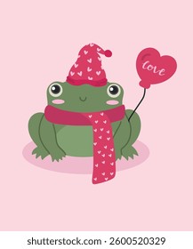  Flat Design Love Illustration with Lazy Frog wearing Hat and Scarf