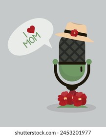  Flat Design I love Mom Illustration with Retro Microphone and Red Flowers,Hat