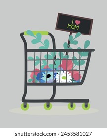 Flat Design I love Mom Illustration with Shopping Cart at Flowers