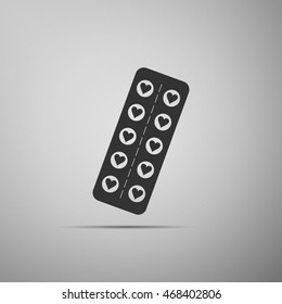 Flat design love pills. Pills in the shape of a heart in a blister pack on grey background. Adobe illustrator