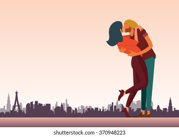 Flat design of loving couple are kissing for valentine day and wedding decoration. City skyline background. Vector Illustration