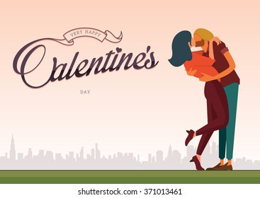 Flat design of loving couple are kissing for valentine day and wedding  decoration. Vector Illustration