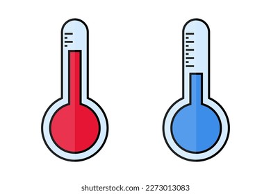 Flaches Design, niedriger und hoher Temperatur Thermometer Icon Set. Temperatur. Heiß und kalt. Vektorgrafik.