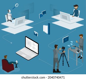 Flat design of machine learning concept,A man sit on sofa front of the huge laptop and watching video via website,algorithm and coding skill - vector  Illustration
