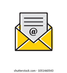 Flat design of mail icon isolated on white background. Marketing e-mail concept. Color envelop with letter. Vector illustration.