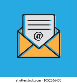 Flat design of mail icon isolated on blue background. Marketing e-mail concept. Color envelop with letter. Vector illustration.