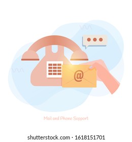Flat design of mail and phone icon for customer support with online shopping
