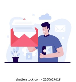 Diseño plano del concepto de servicio de correo. Ilustración para sitios web, páginas de inicio, aplicaciones móviles, afiches y banners. Ilustración vectorial plana de moda