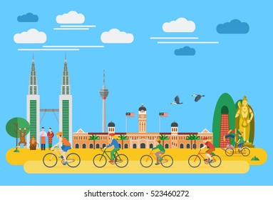 Flat design, Malaysian' s landmarks and icons, Happy family riding bicycles.