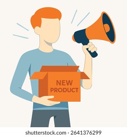 Flat Design Male Announcer Revealing New Product from Cardboard Box Illustration