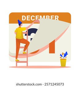 Flat design of a man changing calendar date to January 1st, Welcome new year, Vector illustration