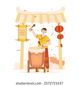 Flat design a man character beating traditional drum, Chinese New Year parade, Beating the drum for the lion dance, Vector illustration