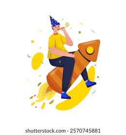 Flat design of a man character riding a firework, Blowing a paper whistle, Preparing for a New Year party, Vector illustration