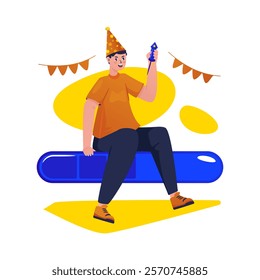 Flat design of a man character sitting at loading bar, Holding fireworks for preparation of new year party, Vector illustration
