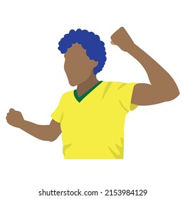 flat design of a man cheering for brazil in the cup with yellow shirt and blue wig, arms open up, happy