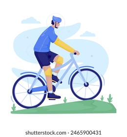 Flat design of a man cycling routine, Riding a bicycle in the park, Vector illustration