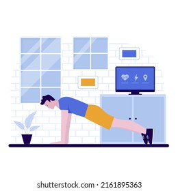 Diseño plano del ejercicio del hombre en casa. Ilustración para sitios web, páginas de inicio, aplicaciones móviles, afiches y banners. Ilustración vectorial plana de moda