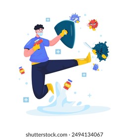Diseño plano de un hombre que lucha contra los virus. Un hombre con una pose de patada y sosteniendo una pistola, Ilustración vectorial