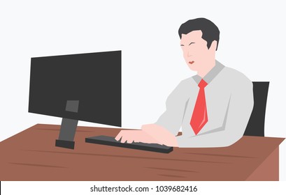 Flat design of man in front of computer desk doing work.vector
