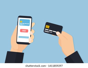 Flat design man hand holding smartphone with online application and credit card, vector illustration.