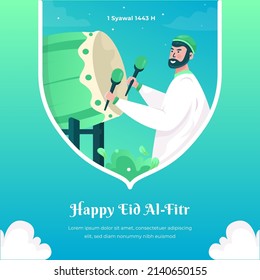 Flat design of a man hitting traditional drum or bedug to celebrate Eid mubarak