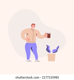 Diseño plano de un hombre sosteniendo una taza de café. Un hombre de pie con una taza de café en la mano. Un hombre disfrutando su mañana. Ilustración vectorial