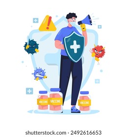 Diseño plano de un hombre que sostiene un megáfono y un escudo, Anuncio de protección contra ataques de virus, Atención médica con concepto de vacunación, Ilustración vectorial