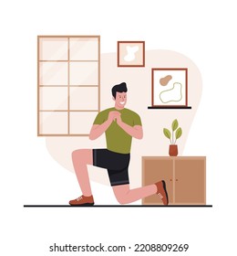 Flat Design des Menschen zu Hause üben. Training. Illustration für Webseiten, Landingpages, mobile Anwendungen, Poster und Banner. Trendflache Vektorgrafik
