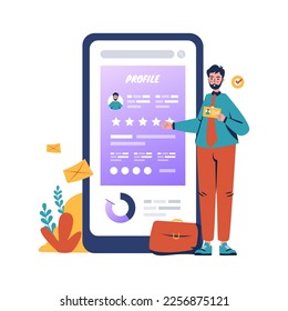 Flat design of a man making online portfolio profile for job searching concept