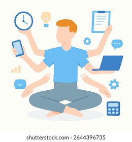 Flat Design Man Multitasking with Six Arms in Lotus Position Illustration