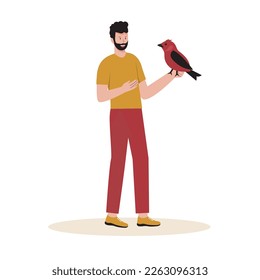 Flaches Design des Menschen mit Haustier Vogel. Illustration für Website, Landing Page, mobile App, Poster und Banner. Trendflache Vektorgrafik