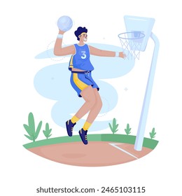 Flat design of a man playing basketball, Player jumping putting the ball into the basket, Vector illustration