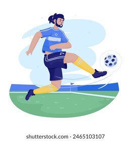 Diseño plano de un hombre jugando al fútbol, el jugador balancea su pierna para patear la pelota, Ilustración vectorial