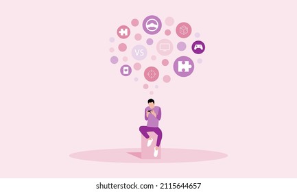 Flat design of a man playing a game on his smartphone. A collection of game-themed icons