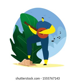 Flat Design : Man playing a guitar in the garden