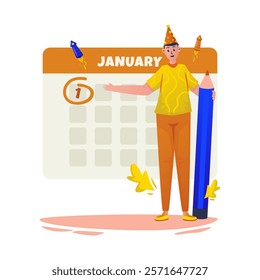 Flat design of man pointing at calendar date, Marking on calendar date first january, Vector illustration