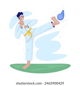 Flat design of man practicing karate, Fighter kicking target, Taekwondo training, Vector illustration