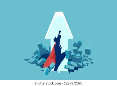 Flat design of man in red cape breaking obstacle and flying up being super hero