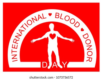 Flat design. A man with red heart.  World blood donor day. Logo. International holiday.The man stretched out his arms for embrace.
