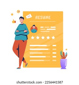 Flat design of a man with resume profile for applying for a job