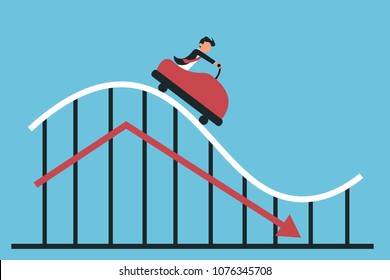 Flat design of man riding rollercoaster on diagram with decreasing line and arrow on blue. Business man having ups and downs. Eps vector illustration, horizontal image, flat style graphic design.