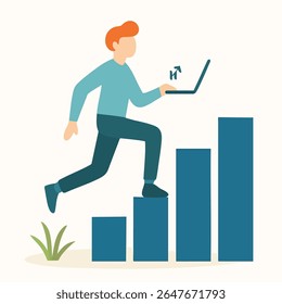 Flat Design Man Running Up Graph Steps With Laptop Illustration
