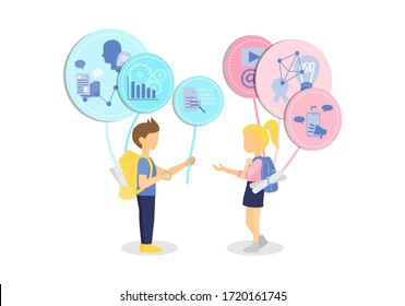 flat design of man share one of his skill to woman illustration in concept of co working, skill sharing, education, learning and life is a journey as they wear backpack, isolated on white background. 