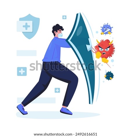 Flat design of a man with a shield protecting himself from virus attacks, Medial healthcare concept, Vector illustration