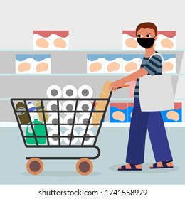 Flat design a man shopping in shopping store wearing mask to protect coronavirus covid-19. Vector and illustration