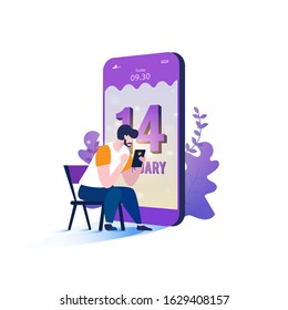 Flat design of the man sits on a chair to wait for his woman in the background of Valentine's Day on the mobile phone screen
